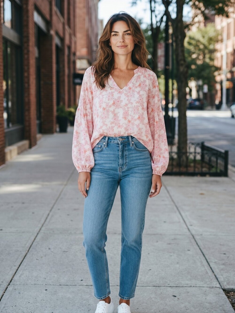 Women’s Floral V-Neck Long Sleeve Top - Pink/Orange